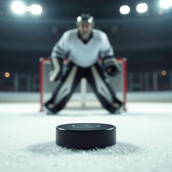 Ein Eishockey-Puck liegt auf dem Eis, während ein Torwart in der Ferne bereit ist, einen Schuss abzuwehren.