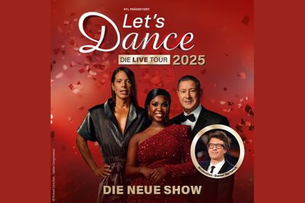 Die drei Jury-Mitglieder mit rotem Hintergrund und der Let's Dance Tour Überschrift
