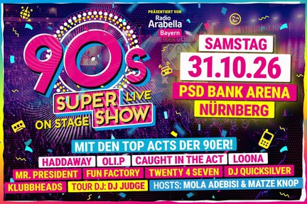 Ein farbenfrohes Plakat für die 90er Super Show in Nürnberg, das die wichtigsten Acts und das Datum anzeigt.