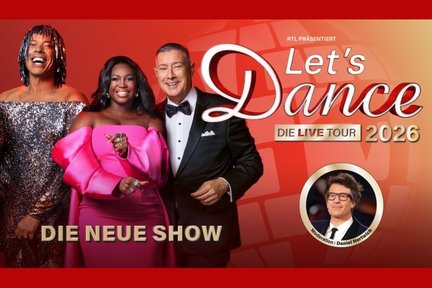 Auf dem Bild sind Motsi Mabuse, Joachim Llambi und Jorge González zu sehen, nebenan das Logo von Let's dance und unten in einem kleinen, runden Rahmen der Moderator Daniel Hartwich