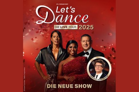 Die drei Jury-Mitglieder mit rotem Hintergrund und der Let's Dance Tour Überschrift