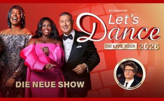 Auf dem Bild sind Motsi Mabuse, Joachim Llambi und Jorge González zu sehen, nebenan das Logo von Let's dance und unten in einem kleinen, runden Rahmen der Moderator Daniel Hartwich