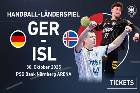 Ankündigungsgrafik Deutschland gegen Island mit zwei Handballspielern