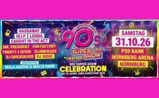 Logo der 90s Show mit den Künstlern und Moderatoren für 2026, z.B. Haddaway, Caught in the act, und Mola Adebisi und Matze Knop