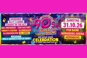 Logo der 90s Show mit den Künstlern und Moderatoren für 2026, z.B. Haddaway, Caught in the act, und Mola Adebisi und Matze Knop