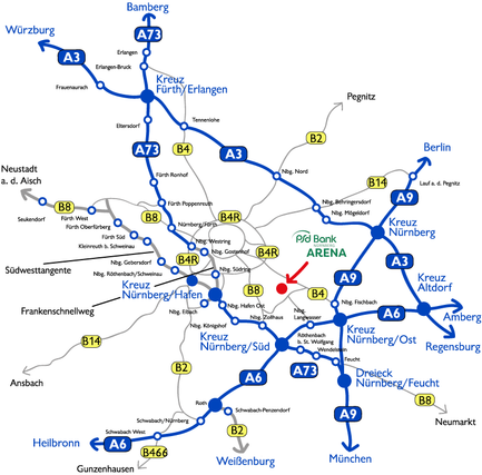 Umgebungskarte der Autobahnen um die ARENA in Nürnberg