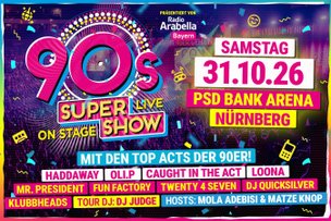 Ein farbenfrohes Plakat für die 90er Super Show in Nürnberg, das die wichtigsten Acts und das Datum anzeigt.