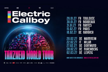 Ein farbenfrohes Plakat für die Tanzneid-Welt-Tour von Electric Callboy, das ein stilisiertes Gehirn zeigt.
