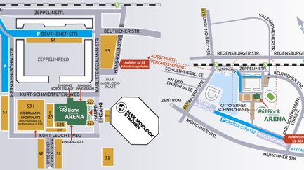Anfahrtsskizze zur Arena mit eingezeichneten Parkflächen in der Ausschnittsvergrößerung