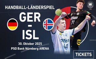 Ankündigungsgrafik Deutschland gegen Island mit zwei Handballspielern