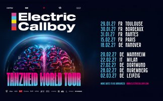 Ein farbenfrohes Plakat für die Tanzneid-Welt-Tour von Electric Callboy, das ein stilisiertes Gehirn zeigt.