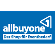 Auf blauem Hintergrund steht in weißer Schrift Aallbuyone  der Shop für Eventbedarf