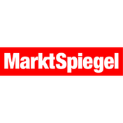 Schriftzug Marktspiegel in weiß auf glänzend-rotem Hintergrund