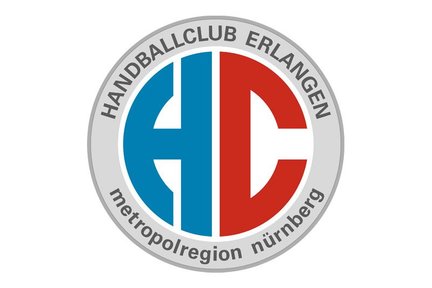 Das Logo des Handballclubs Erlangen zeigt die Buchstaben H und C in Blau und Rot, umgeben von einem grauen Kreis.