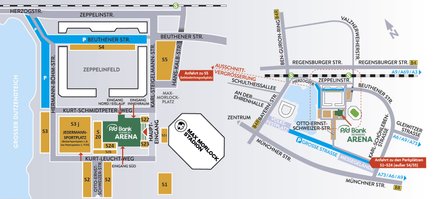 Anfahrtsskizze zur Arena mit eingezeichneten Parkflächen in der Ausschnittsvergrößerung
