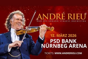 André Rieu Geige spielend mit Konzertankündigung auf rotem Hintergrund