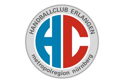 Das Logo des Handballclubs Erlangen zeigt die Buchstaben H und C in Blau und Rot, umgeben von einem grauen Kreis.