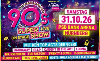 Ein farbenfrohes Plakat für die 90er Super Show in Nürnberg, das die wichtigsten Acts und das Datum anzeigt.